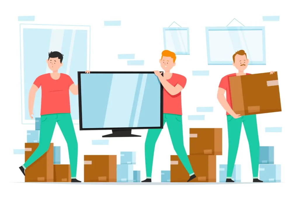 "Professional packers and movers team in Ahmedabad carrying household items, TV and boxes during shifting service – ShiftIndia.in"